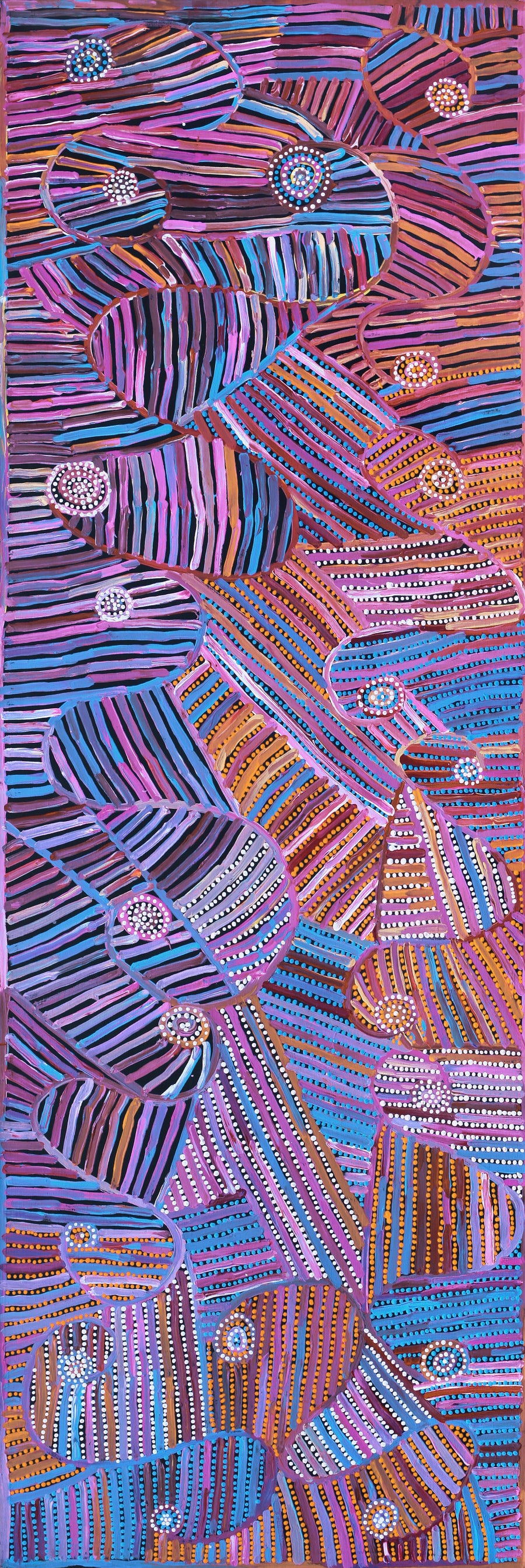 Aboriginal Artwork by Pauline Napangardi Gallagher, Mina Mina Jukurrpa, 182x61cm