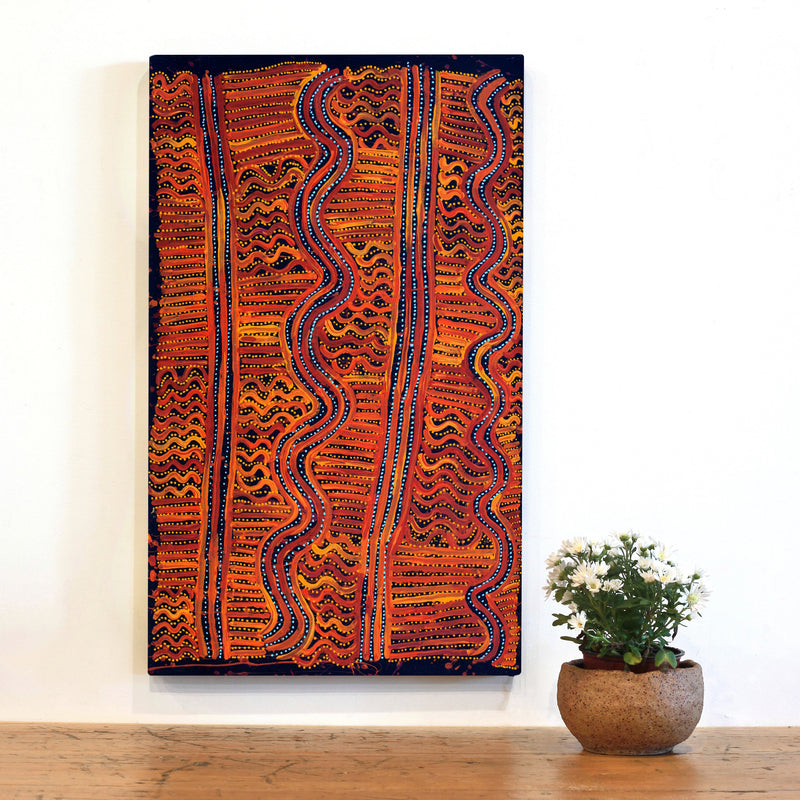 Aboriginal Artwork by Pauline Napangardi Gallagher, Mina Mina Jukurrpa, 76x46cm