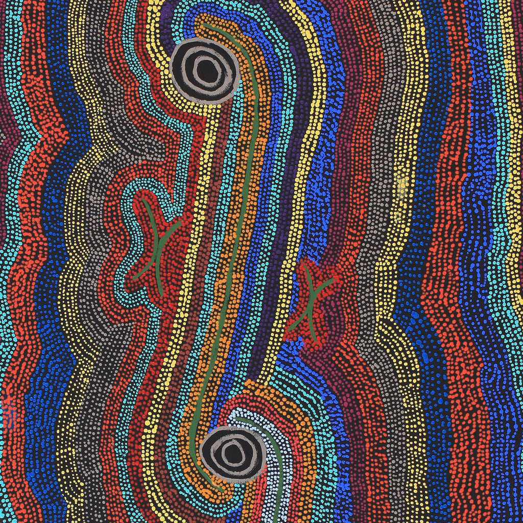 Aboriginal Artwork by Peggy Napurrurla Granites, Pirlarla Jukurrpa (Dogwood Tree Bean Dreaming), 76x46cm