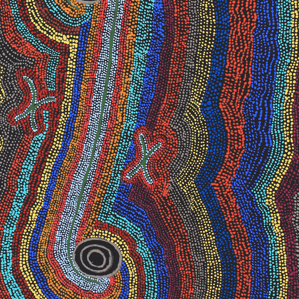 Aboriginal Artwork by Peggy Napurrurla Granites, Pirlarla Jukurrpa (Dogwood Tree Bean Dreaming), 76x46cm
