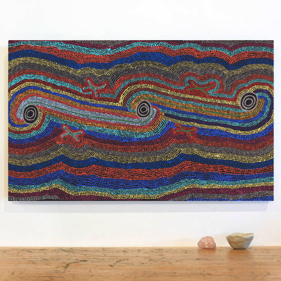 Aboriginal Artwork by Peggy Napurrurla Granites, Pirlarla Jukurrpa (Dogwood Tree Bean Dreaming), 76x46cm