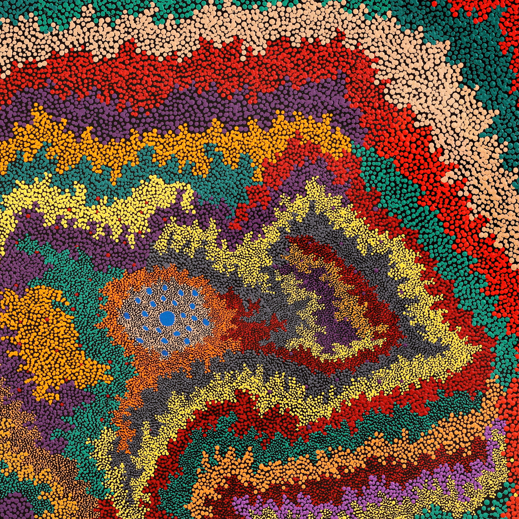 Aboriginal Artwork by Peggy Napurrurla Granites, Pirlarla Jukurrpa (Dogwood Tree Bean Dreaming), 107x107cm - ART ARK®