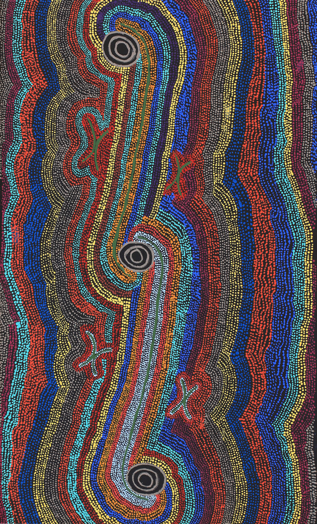 Aboriginal Artwork by Peggy Napurrurla Granites, Pirlarla Jukurrpa (Dogwood Tree Bean Dreaming), 76x46cm