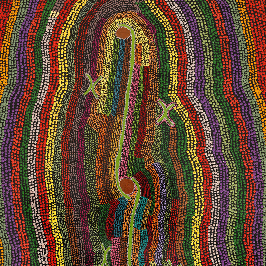 Aboriginal Artwork by Peggy Napurrurla Granites, Pirlarla Jukurrpa (Dogwood Tree Bean Dreaming), 91x61cm