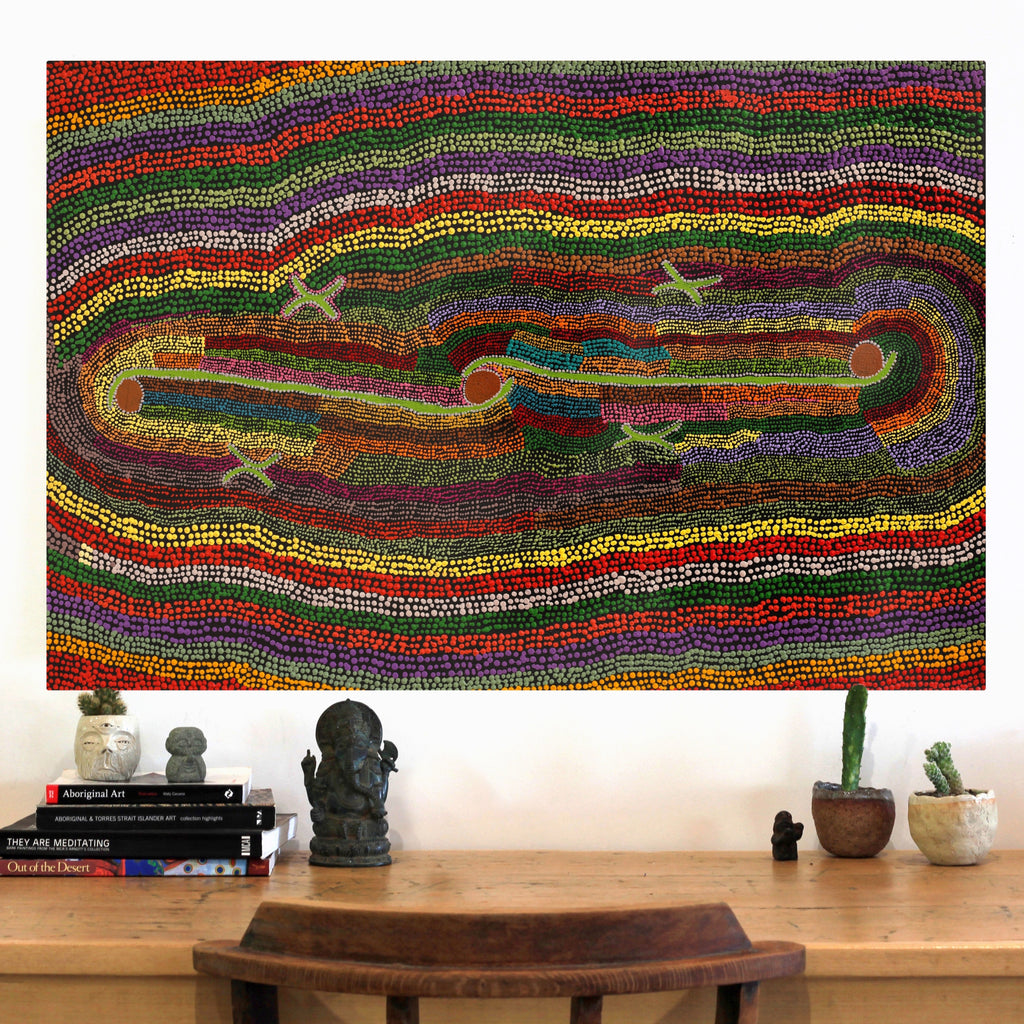 Aboriginal Artwork by Peggy Napurrurla Granites, Pirlarla Jukurrpa (Dogwood Tree Bean Dreaming), 91x61cm
