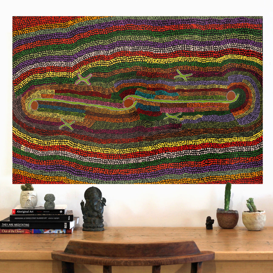 Aboriginal Artwork by Peggy Napurrurla Granites, Pirlarla Jukurrpa (Dogwood Tree Bean Dreaming), 91x61cm