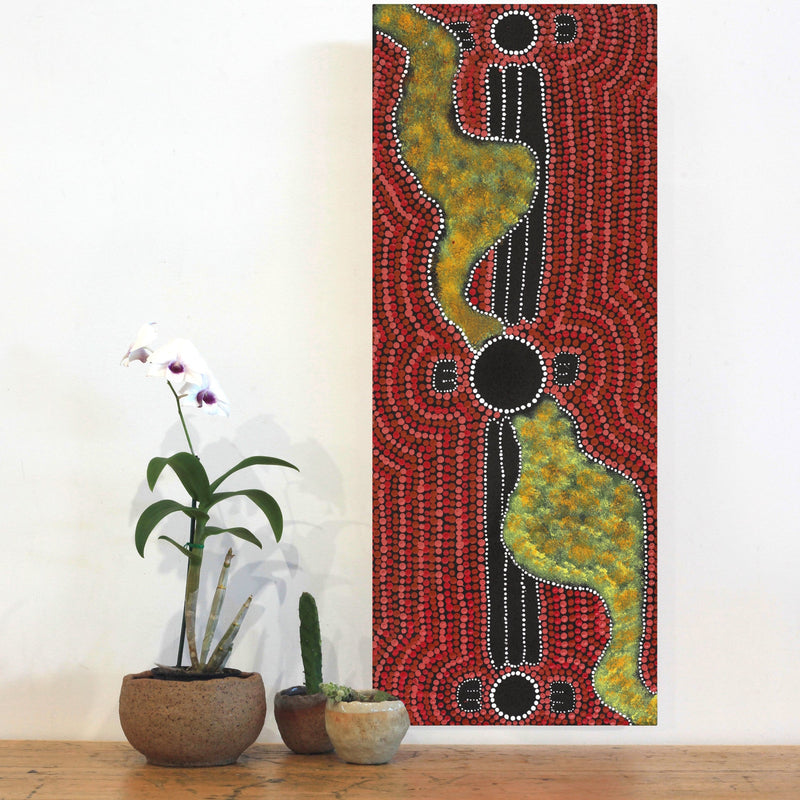 Aboriginal Artwork by Peterson Jakamarra Walker, Janganpa Jukurrpa (Brush-tail Possum Dreaming), 76x30cm