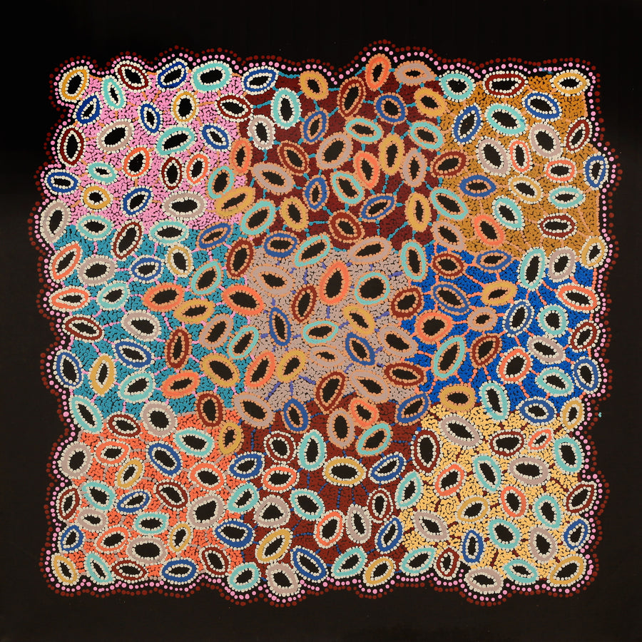 Aboriginal Artwork by Priscilla Nangala Robertson, Ngapa Jukurrpa (Water Dreaming) - Puyurru, 91x91cm