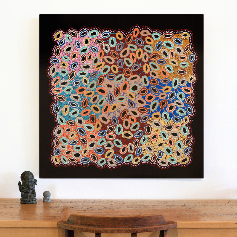 Aboriginal Artwork by Priscilla Nangala Robertson, Ngapa Jukurrpa (Water Dreaming) - Puyurru, 91x91cm