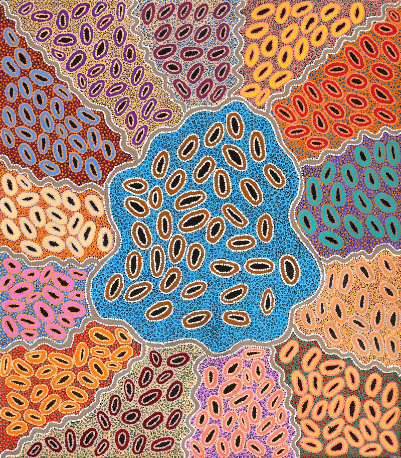 Aboriginal Artwork by Priscilla Nangala Robertson, Ngapa Jukurrpa (Water Dreaming) - Puyurru, 122x107cm