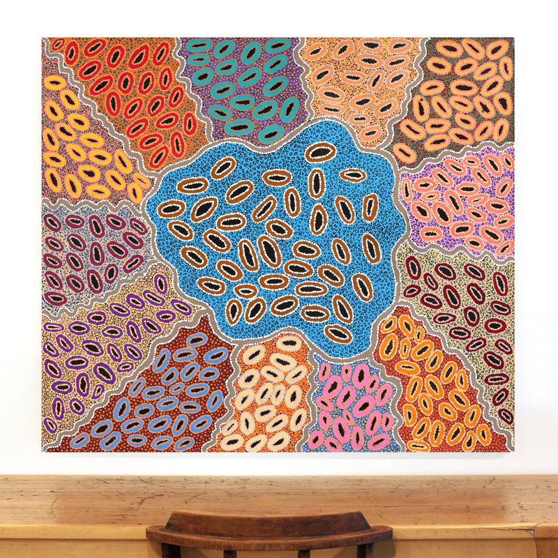 Aboriginal Artwork by Priscilla Nangala Robertson, Ngapa Jukurrpa (Water Dreaming) - Puyurru, 122x107cm