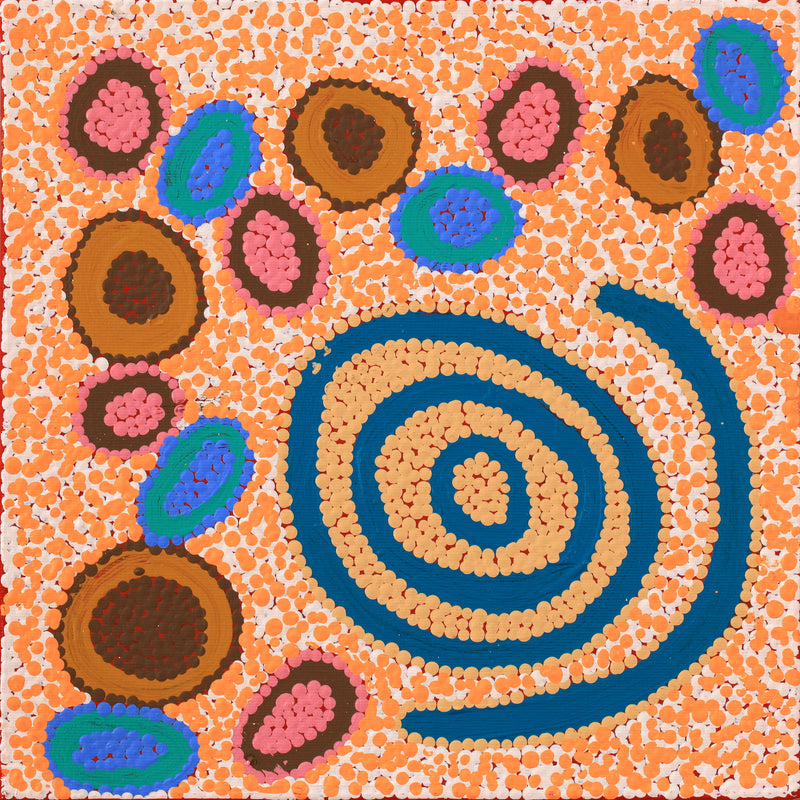 Aboriginal Artwork by Priscilla Nangala Robertson, Ngapa Jukurrpa (Water Dreaming) - Puyurru, 30x30cm
