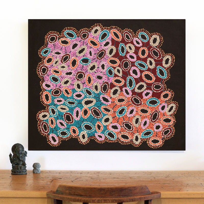 Aboriginal Artwork by Priscilla Nangala Robertson, Ngapa Jukurrpa (Water Dreaming) - Puyurru, 91x76cm
