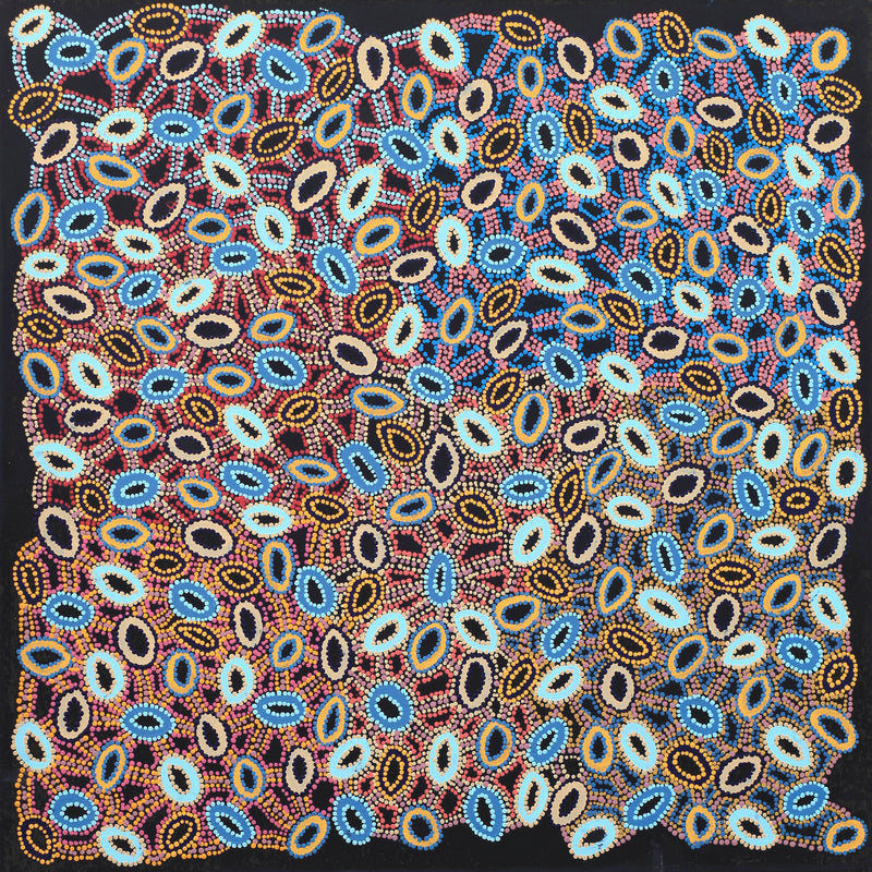 Aboriginal Artwork by Priscilla Nangala Robertson, Ngapa Jukurrpa (Water Dreaming) - Puyurru, 91x91cm
