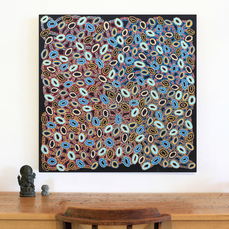 Aboriginal Artwork by Priscilla Nangala Robertson, Ngapa Jukurrpa (Water Dreaming) - Puyurru, 91x91cm