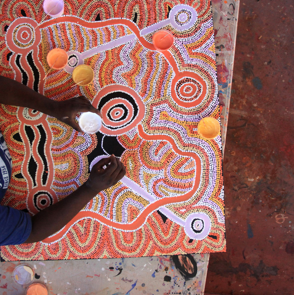 Aboriginal Art by Priscilla Nangala Robertson,  Ngapa Jukurrpa (Water Dreaming)  -  Puyurru, 91x76cm - ART ARK®