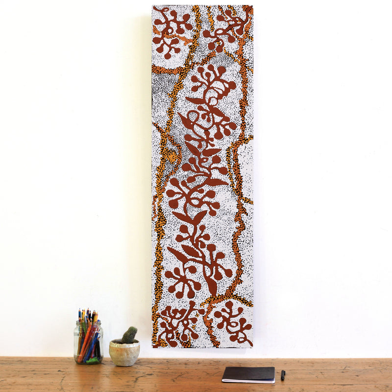 Aboriginal Artwork by Queenie Nungarrayi Stewart, Mukaki Jukurrpa (Wild Plum Dreaming), 107x30cm