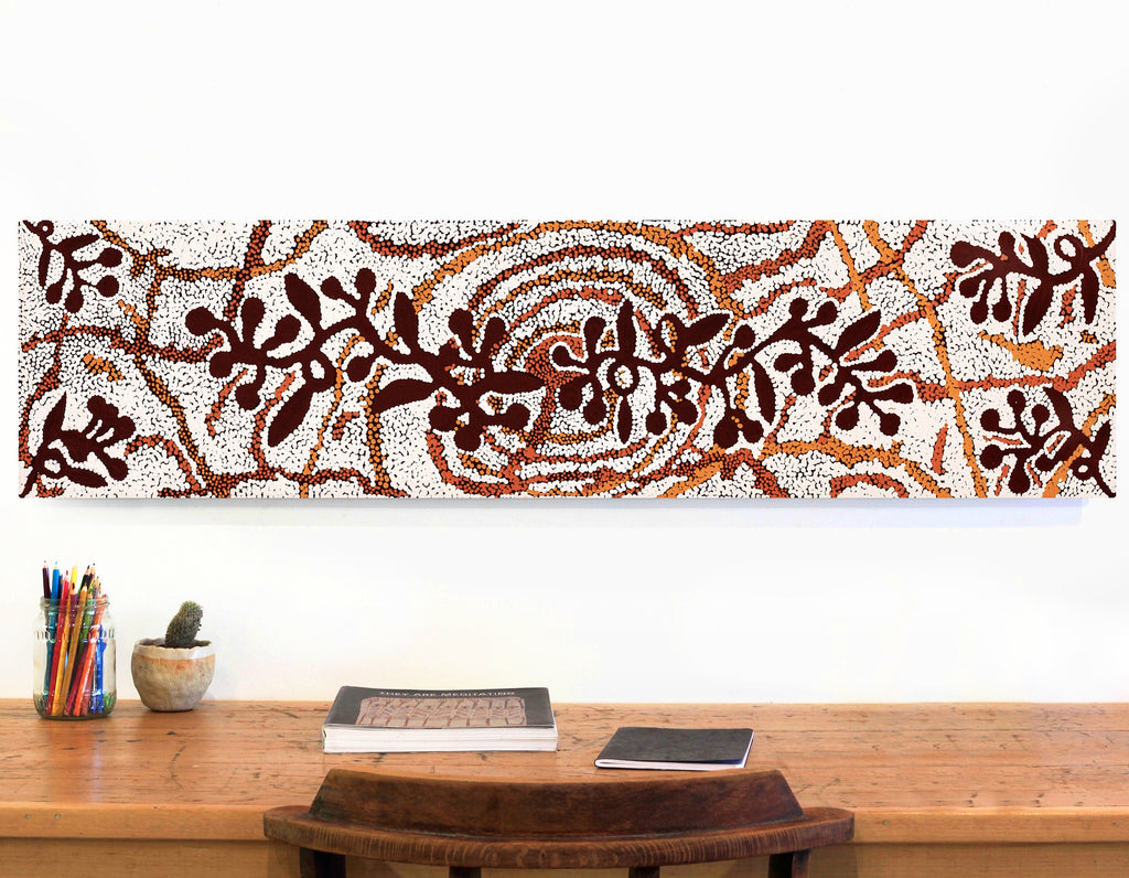 Aboriginal Artwork by Queenie Nungarrayi Stewart, Mukaki Jukurrpa (Wild Plum Dreaming), 122x30cm