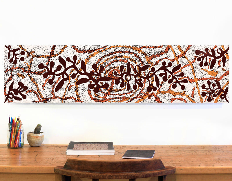 Aboriginal Artwork by Queenie Nungarrayi Stewart, Mukaki Jukurrpa (Wild Plum Dreaming), 122x30cm