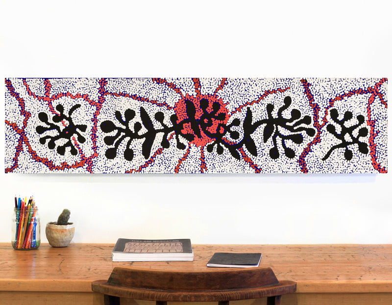 Aboriginal Artwork by Queenie Nungarrayi Stewart, Mukaki Jukurrpa (Wild Plum Dreaming), 122x30cm