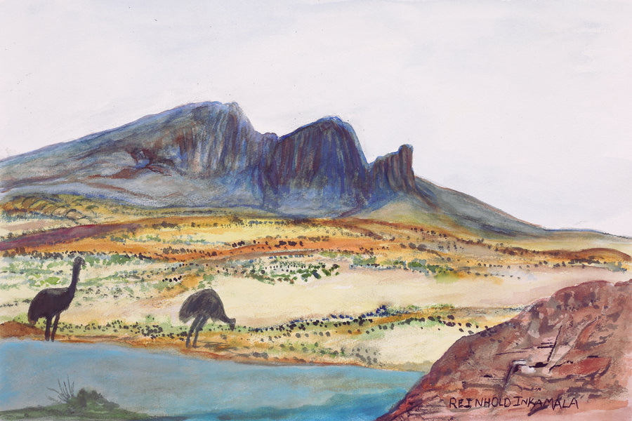 Aboriginal Artwork by Reinhold Inkamala, Rutjipma (Mt Sonder), 54x36cm