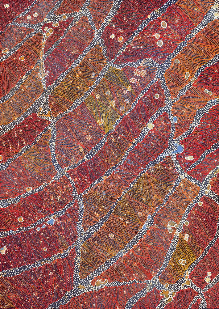 Aboriginal Artwork by Reanne Nampijinpa Brown, Ngapa Jukurrpa (Water Dreaming) - Mikanji, 107x76cm