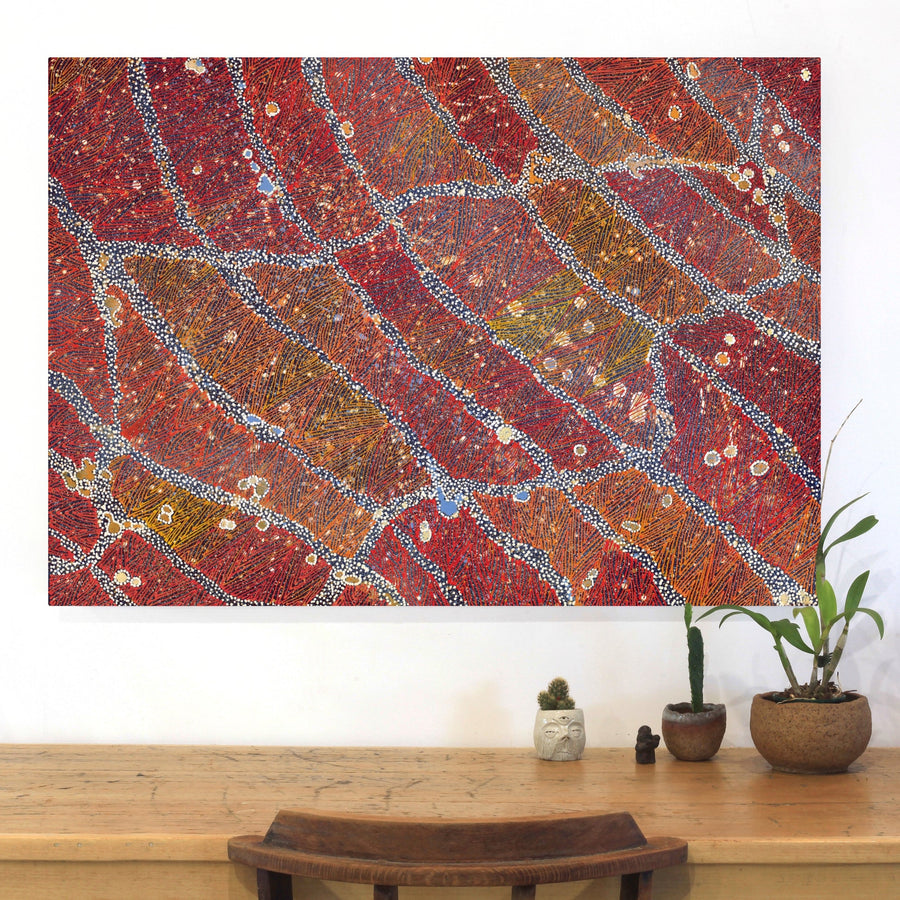 Aboriginal Artwork by Reanne Nampijinpa Brown, Ngapa Jukurrpa (Water Dreaming) - Mikanji, 107x76cm