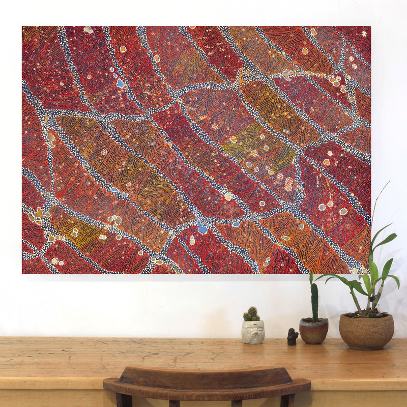 Aboriginal Artwork by Reanne Nampijinpa Brown, Ngapa Jukurrpa (Water Dreaming) - Mikanji, 107x76cm
