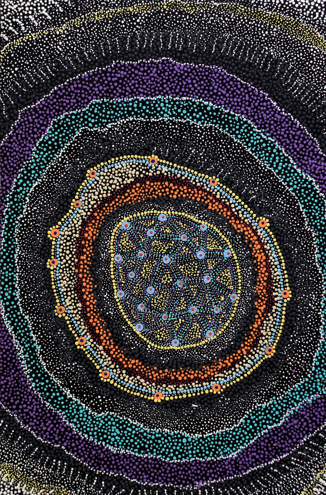 Aboriginal Artwork by Reanne Nampijinpa Brown, Ngapa Jukurrpa (Water Dreaming) - Mikanji, 91x61cm