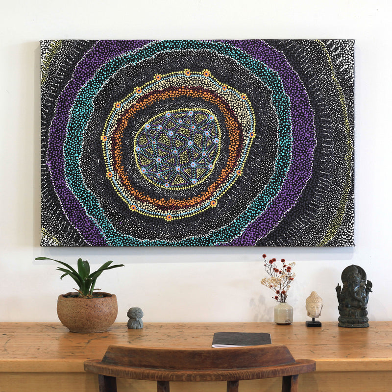 Aboriginal Artwork by Reanne Nampijinpa Brown, Ngapa Jukurrpa (Water Dreaming) - Mikanji, 91x61cm