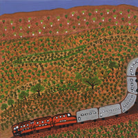 Aboriginal Artwork by Rhonda Napanangka, The Ghan going to Darwin, 40x40cm