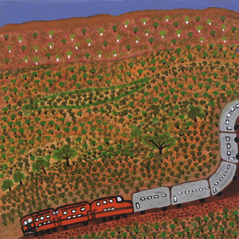 Aboriginal Artwork by Rhonda Napanangka, The Ghan going to Darwin, 40x40cm