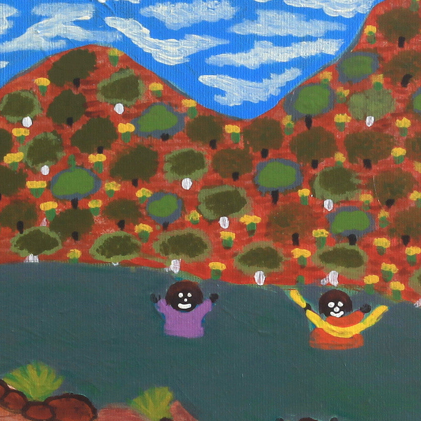 Aboriginal Artwork by Rhonda Napanangka, Picnic out Bush at Twenty Mile, 30x30cm