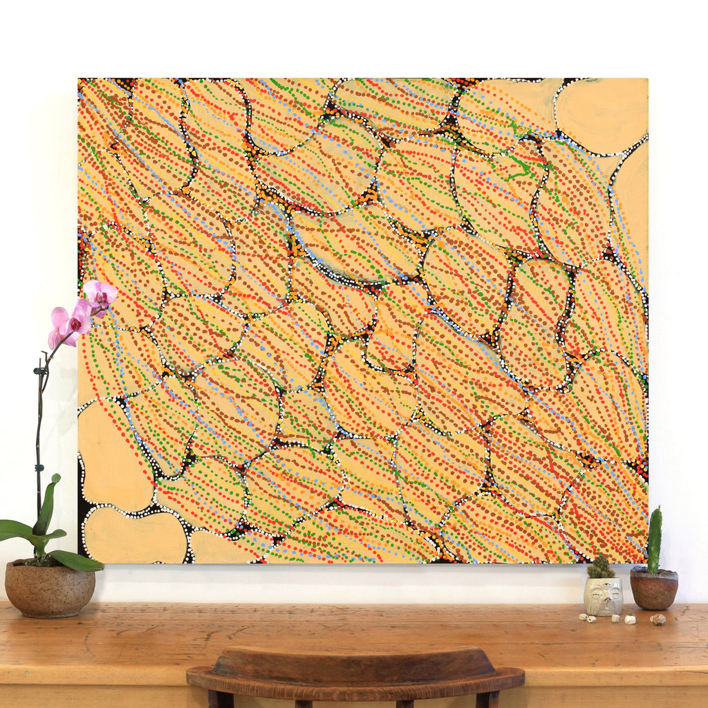 Aboriginal Artwork by Ricardo Jampijinpa Gallagher, Yankirri Jukurrpa (Emu Dreaming) - Ngarlikurlangu, 107x91cm