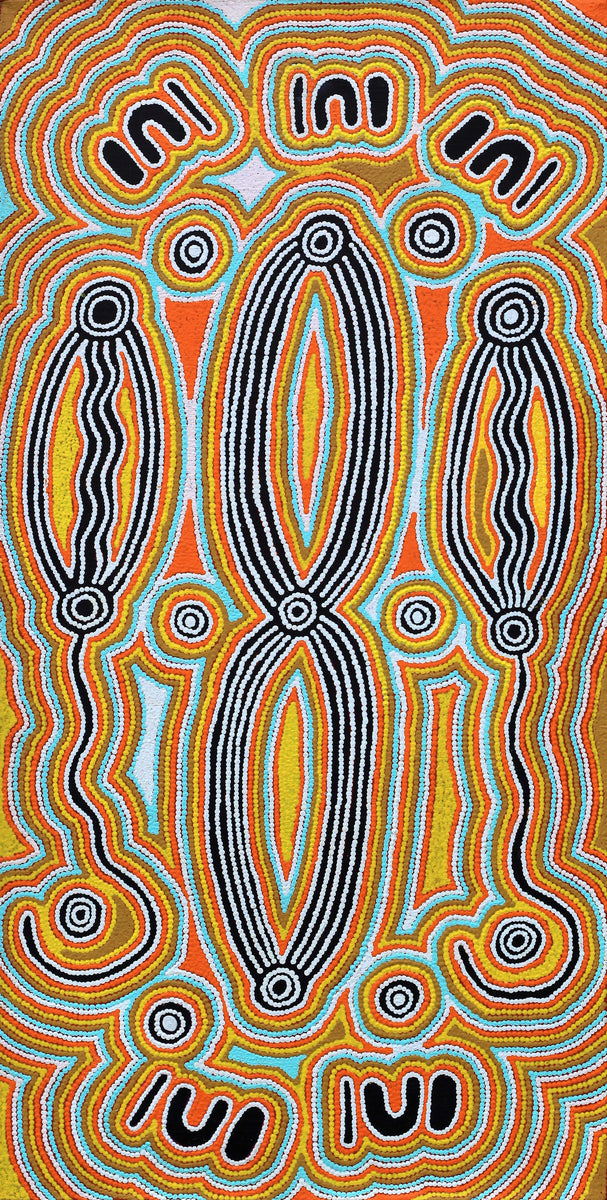 Aboriginal Art by Rita Napanangka Wheeler, Mina Mina Jukurrpa (Mina Mina Dreaming) - Janyinki, 91x46cm - ART ARK®