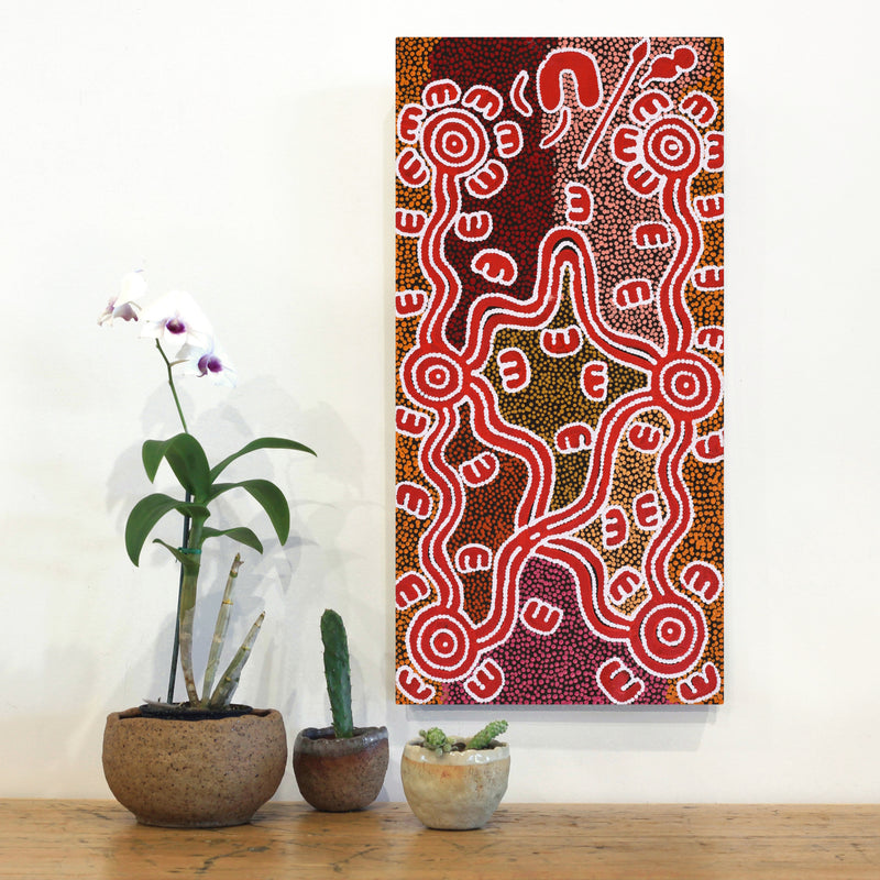 Aboriginal Artwork by Ritasha Nampijinpa Martin, Janganpa Jukurrpa (Brush-tail Possum Dreaming) - Mawurrji, 61x30cm