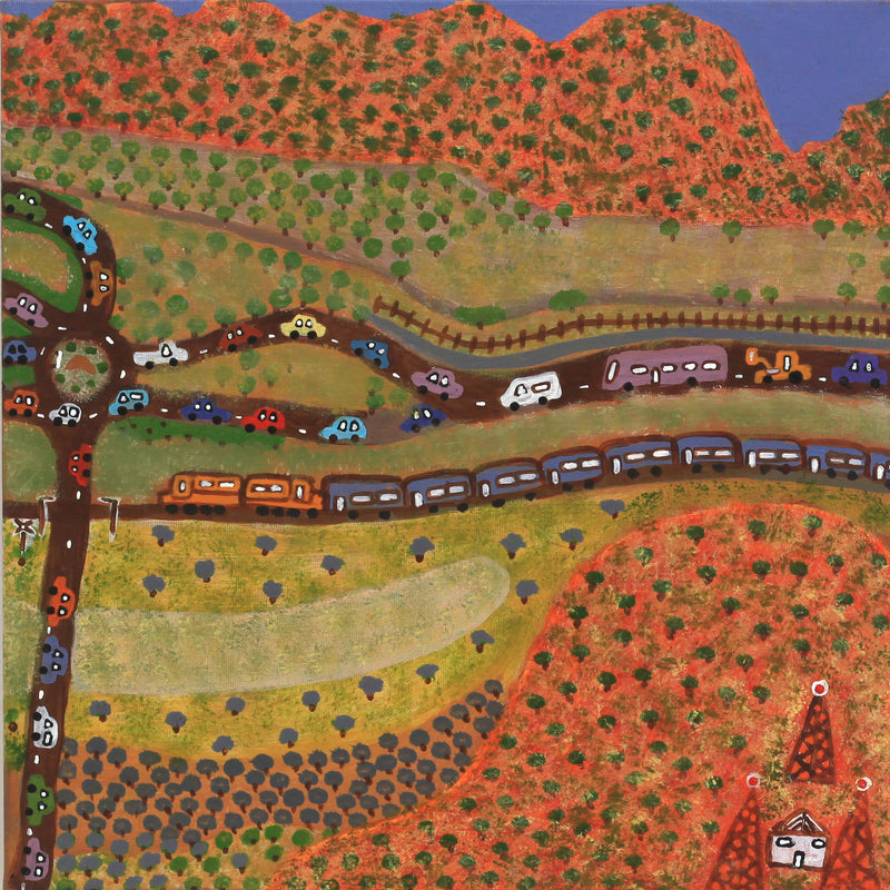 Aboriginal Artwork by Rhonda Napanangka, Ghan coming to Alice Springs, 40x40cm