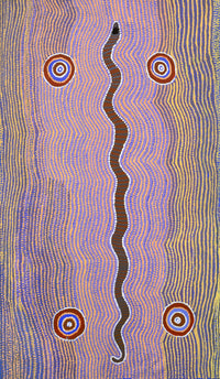 Aboriginal Artwork by Rosie Nangala Flemming, Ngapa manu Warna Jukurrpa (Water & Snake Dreaming), 107x61cm