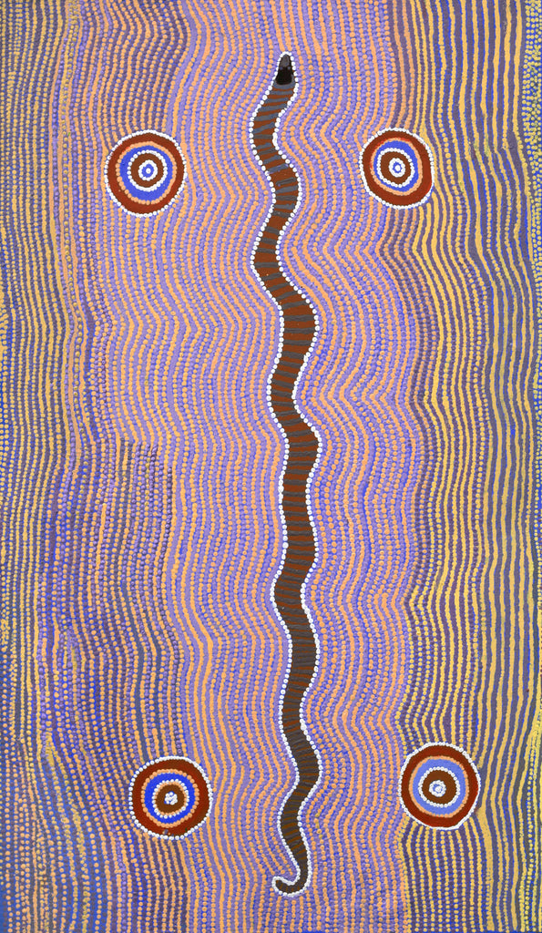 Aboriginal Artwork by Rosie Nangala Flemming, Ngapa manu Warna Jukurrpa (Water & Snake Dreaming), 107x61cm