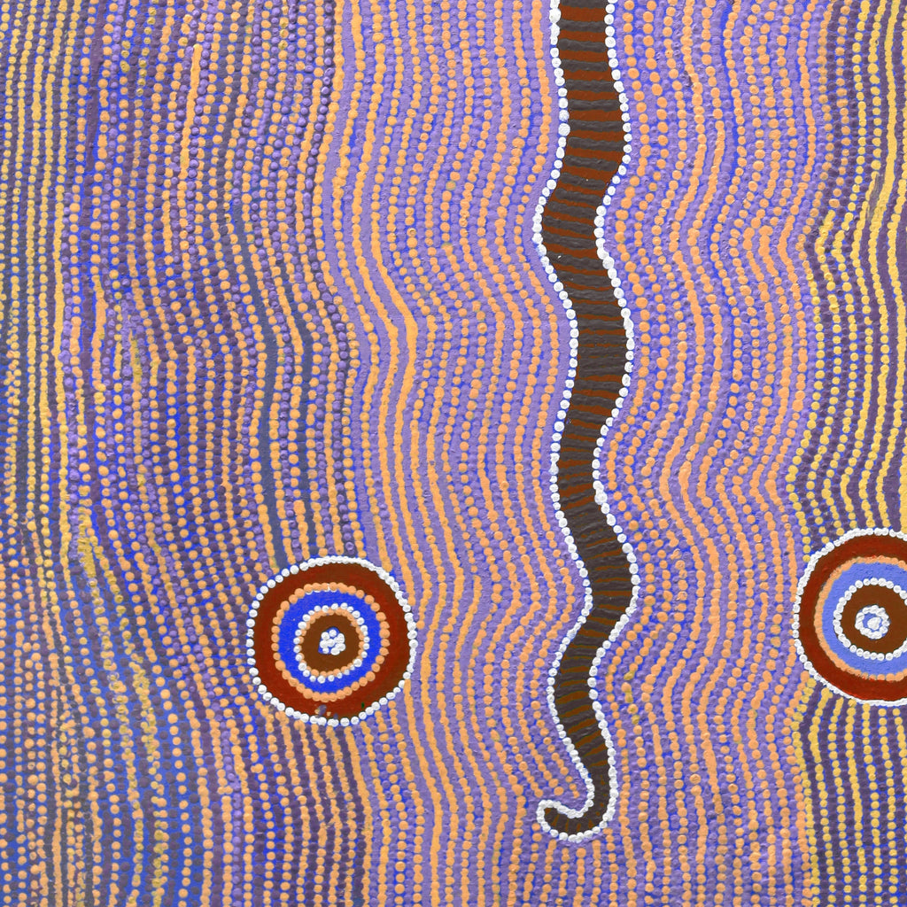 Aboriginal Artwork by Rosie Nangala Flemming, Ngapa manu Warna Jukurrpa (Water & Snake Dreaming), 107x61cm