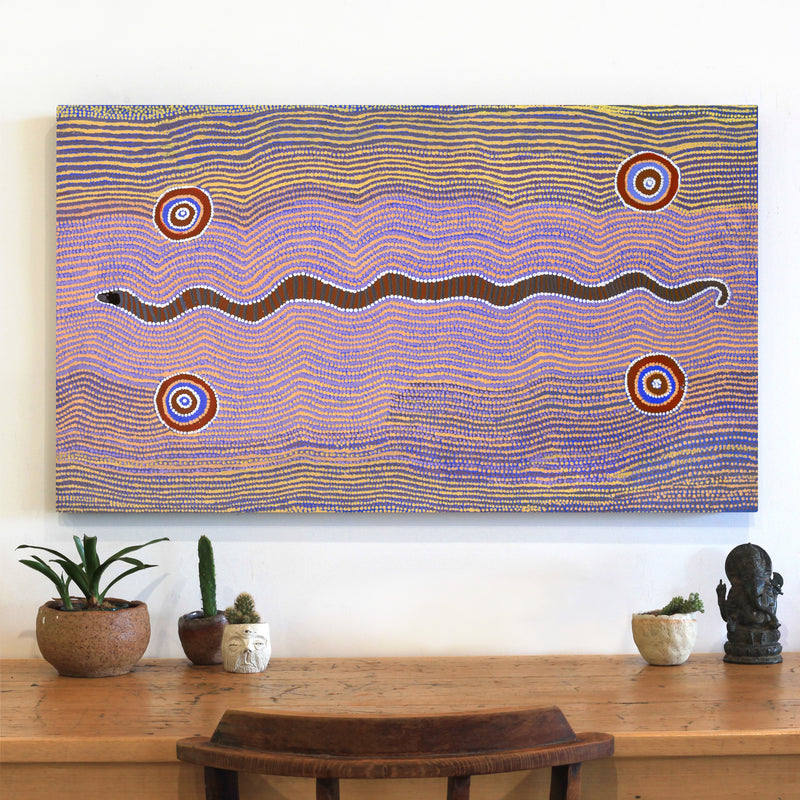 Aboriginal Artwork by Rosie Nangala Flemming, Ngapa manu Warna Jukurrpa (Water & Snake Dreaming), 107x61cm