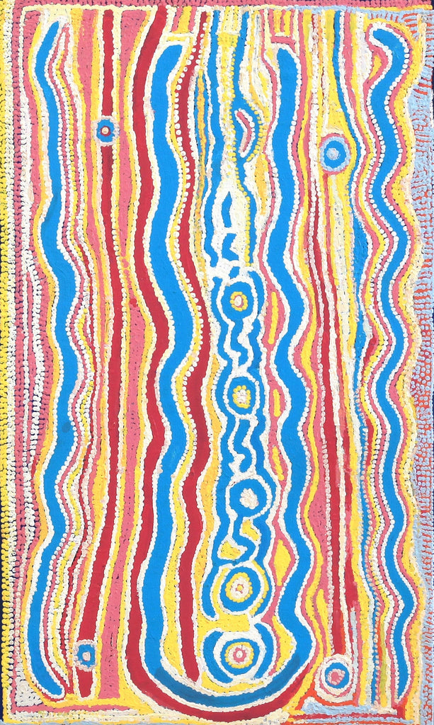 Aboriginal Artwork by Rosie Nangala Flemming, Ngapa Jukurrpa (Water Dreaming) - Mikanji, 76x46cm