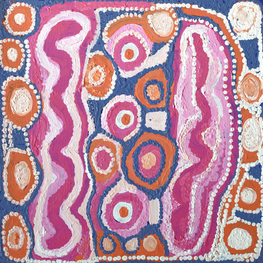 Aboriginal Artwork by Rosie Nangala Flemming, Ngapa Jukurrpa (water Dreaming) - Mikanji, 30x30cm