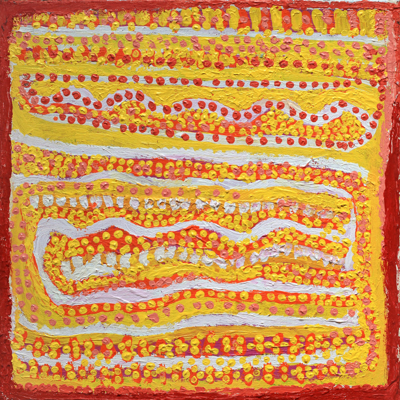 Aboriginal Artwork by Rosie Nangala Flemming, Ngapa Jukurrpa (water Dreaming) - Mikanji, 30x30cm