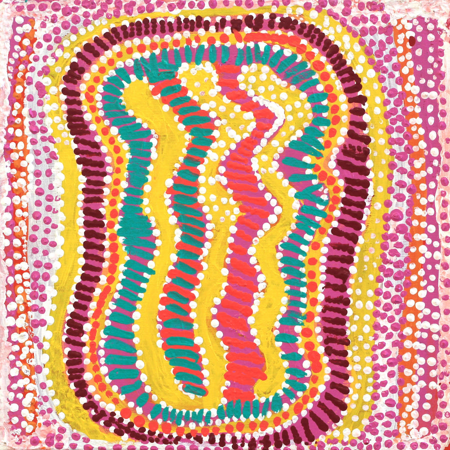 Aboriginal Artwork by Rosie Nangala Flemming, Ngapa Jukurrpa (water Dreaming)- Mikanji 30x30cm