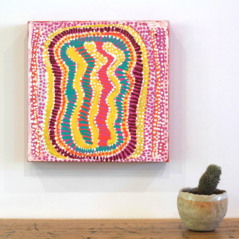 Aboriginal Artwork by Rosie Nangala Flemming, Ngapa Jukurrpa (water Dreaming)- Mikanji 30x30cm