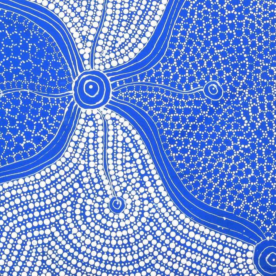 Aboriginal Artwork by Roslyn Napaljarri Jones, Lukarrara Jukurrpa (Desert Fringe-rush Seed Dreaming), 30x30cm