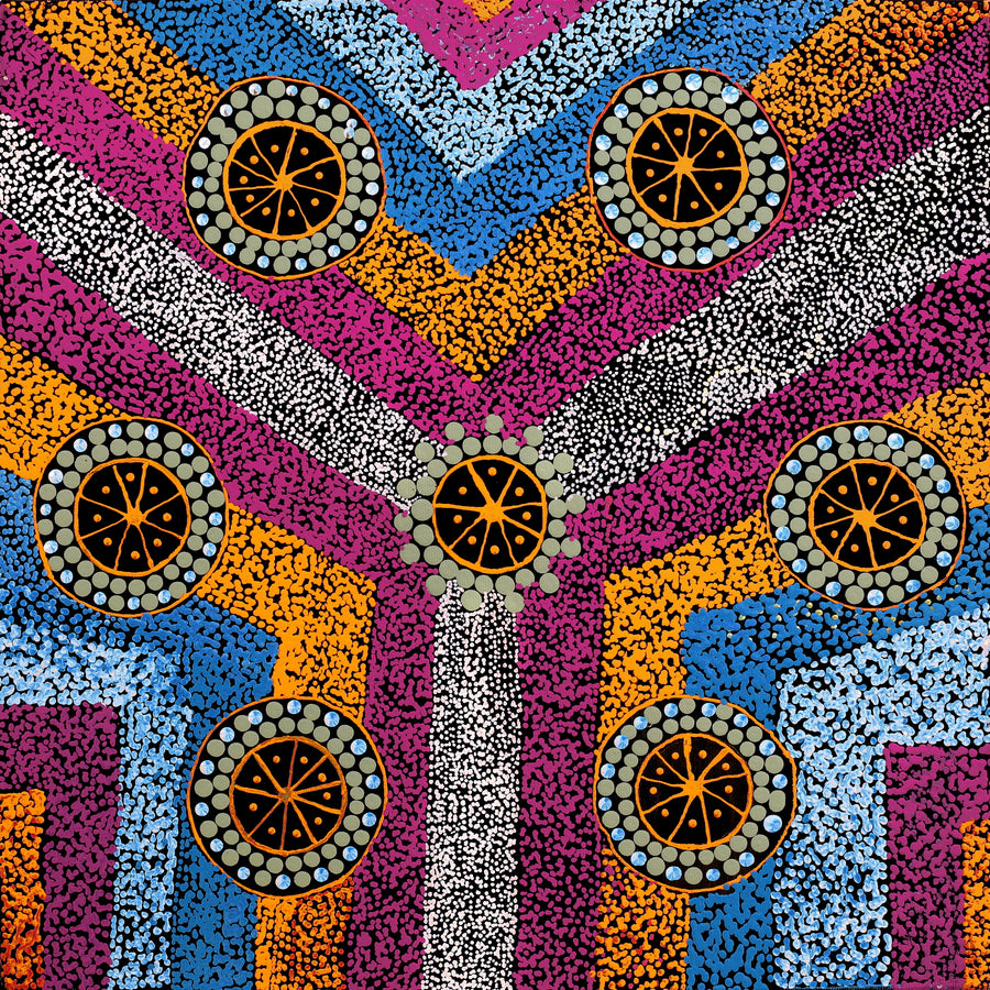 Aboriginal Artwork by Roxanne Napaljarri Collins, Yurrampi Jukurrpa (Honey Ant Dreaming), 40x40cm