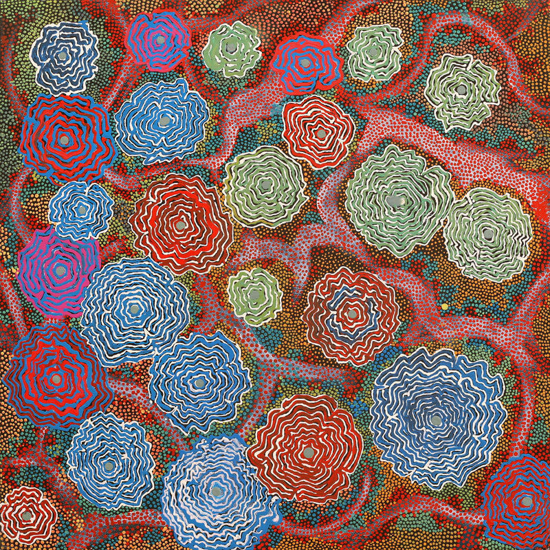 Aboriginal Artwork by Roxanne Napaljarri Collins, Yurrampi Jukurrpa (Honey Ant Dreaming), 40x40cm