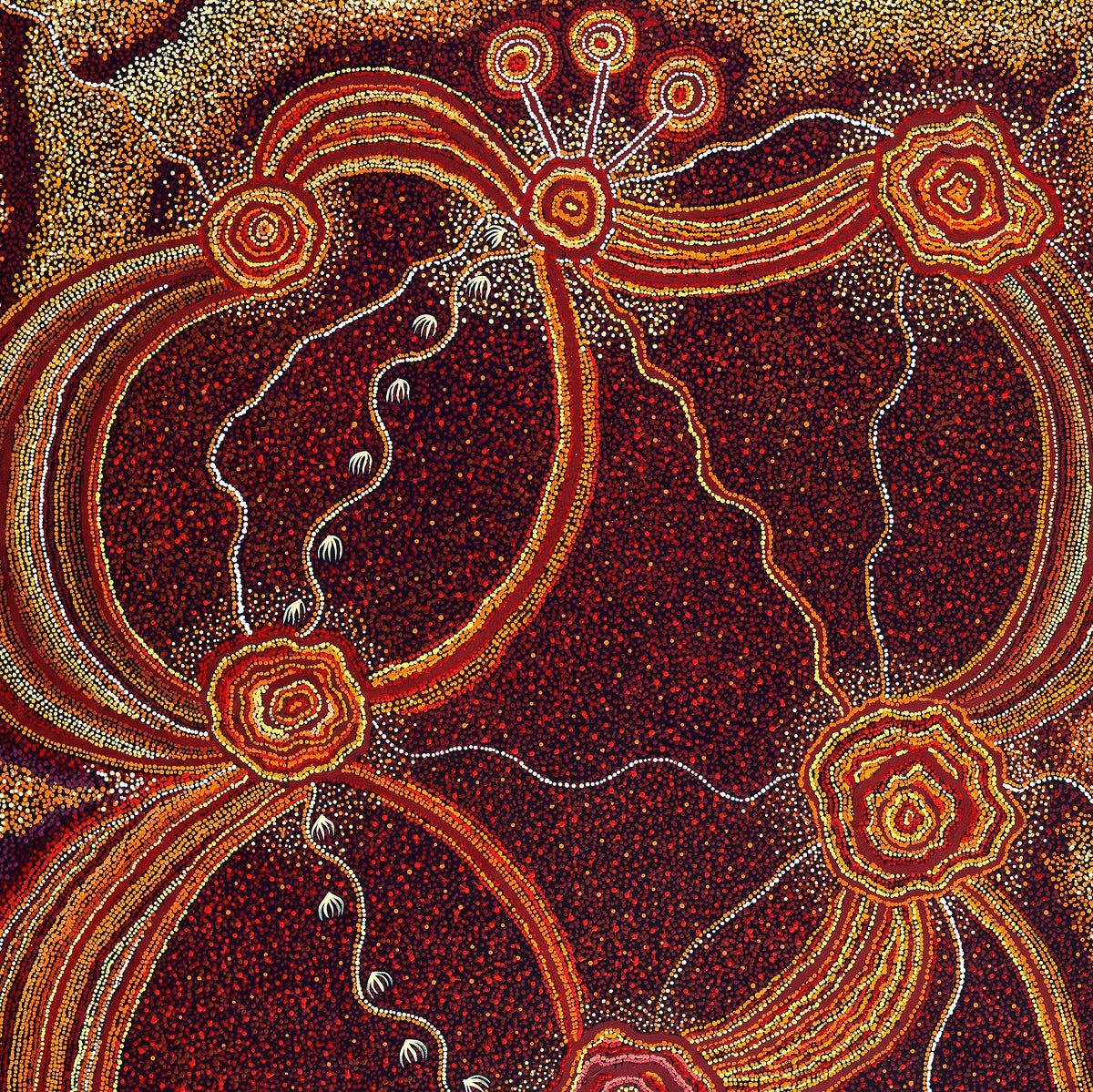 Aboriginal Art by Ruth Nungarrayi Spencer, Wardapi Jukurrpa (Goanna Dreaming) - Yarripilangu, 203x152cm - ART ARK®